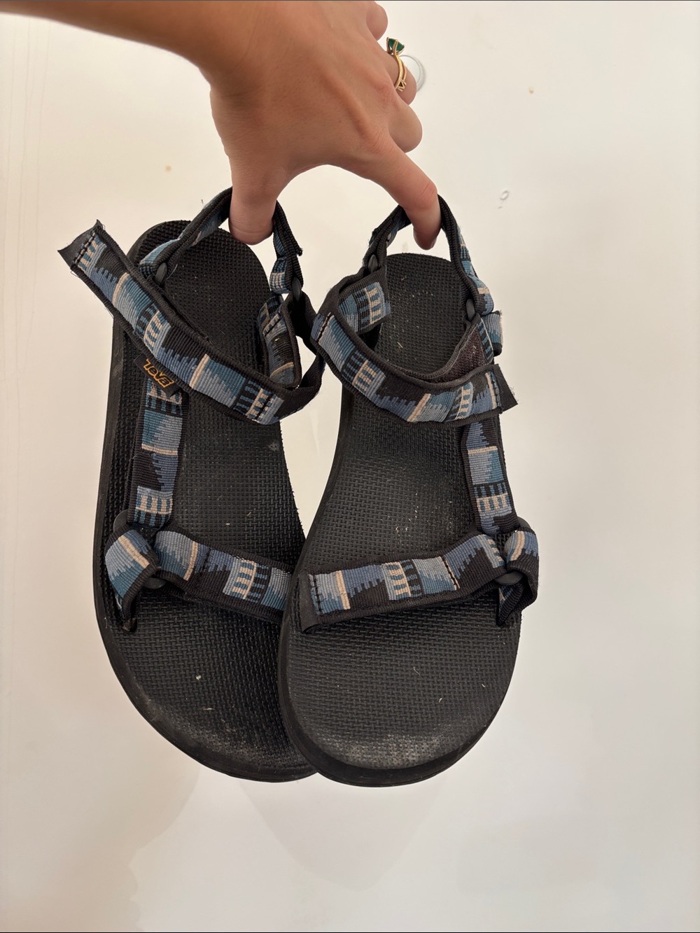 Mens Black Sandals with Blue Patterned Straps
